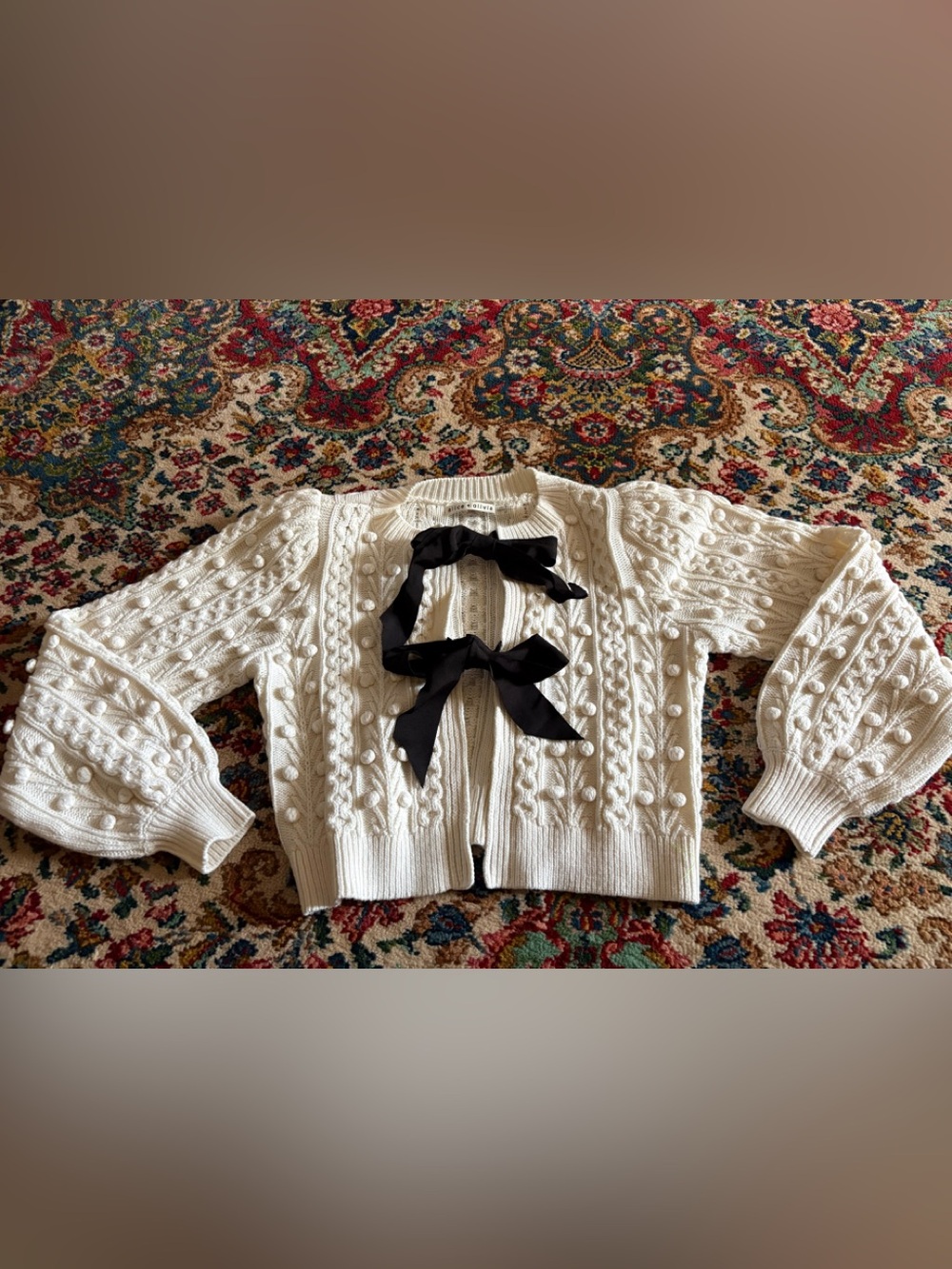 Alice + Olivia Cream Kitty Puff-Sleeve Cardigan Black Ribbon Bows Small
